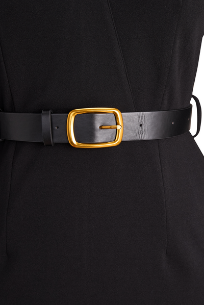 Serena | Refined Black Belted Sheath Dress with Mandarin Collar