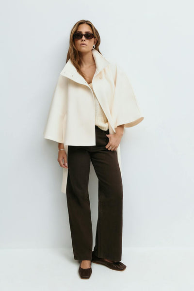 Clara | Cape jacket with sleeves, high collar, and belt