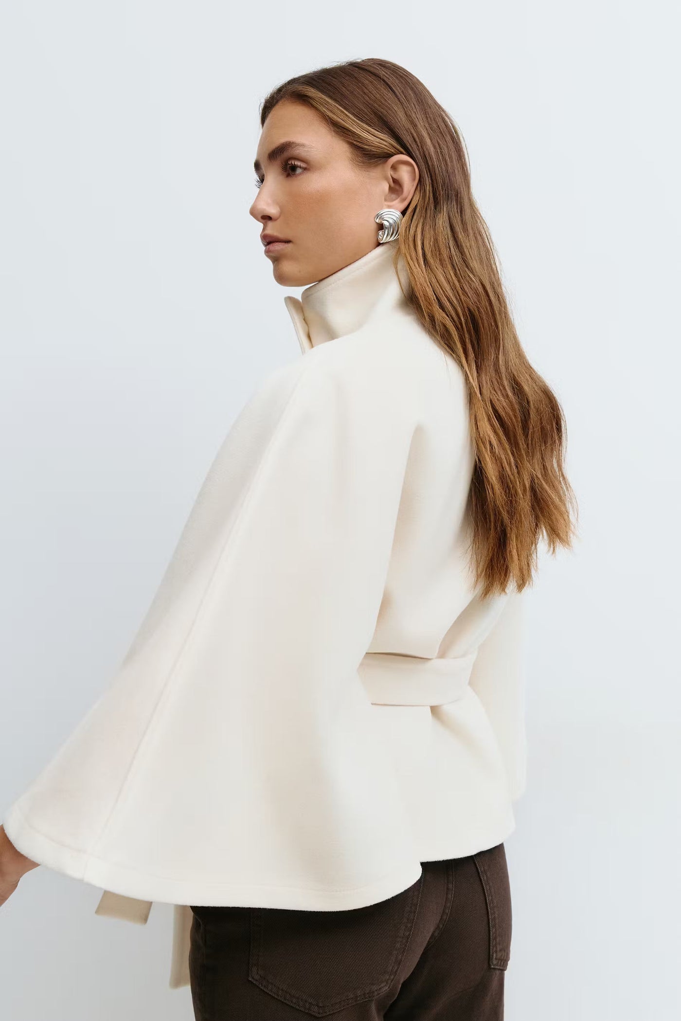 Clara | Cape jacket with sleeves, high collar, and belt