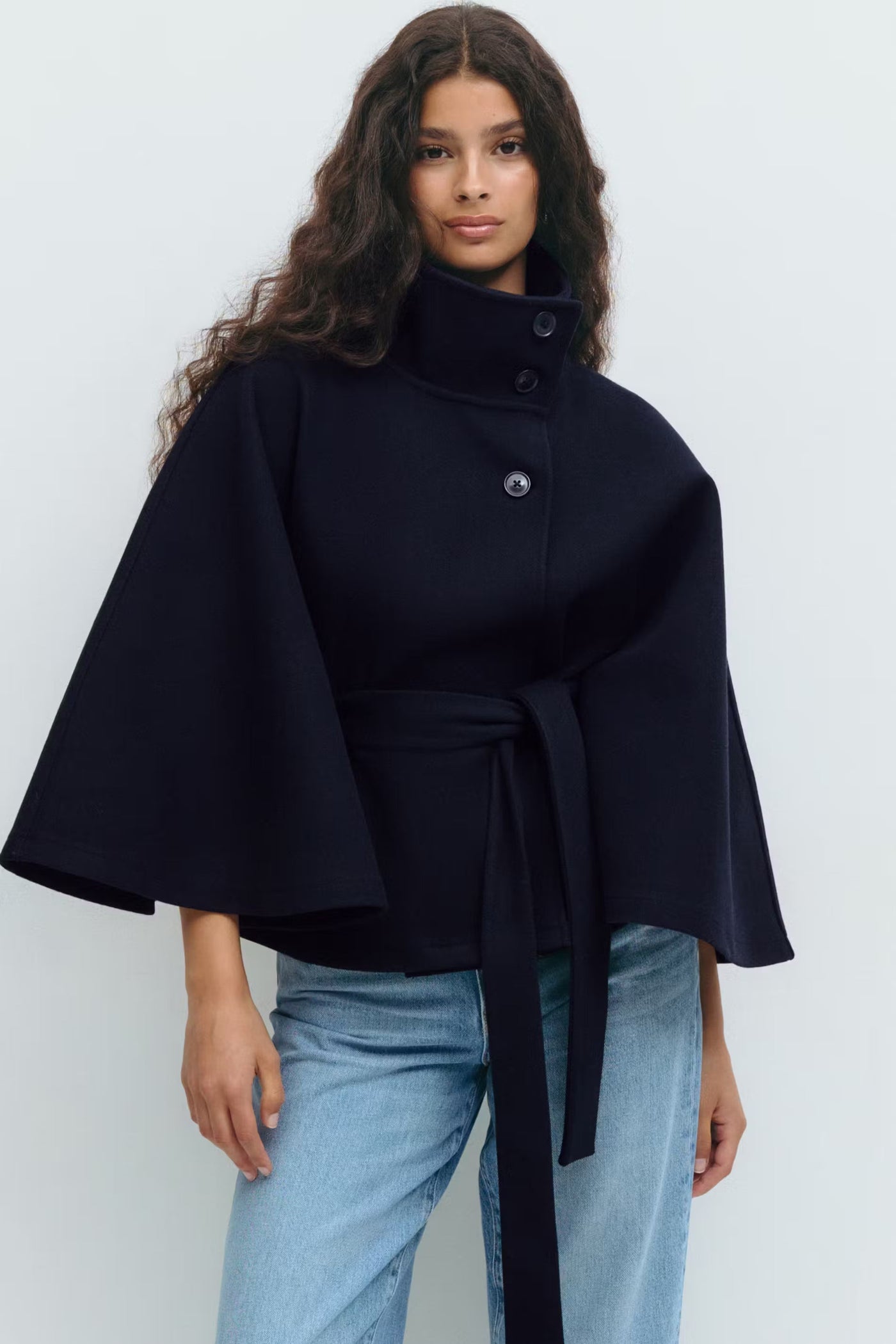 Clara | Cape jacket with sleeves, high collar, and belt