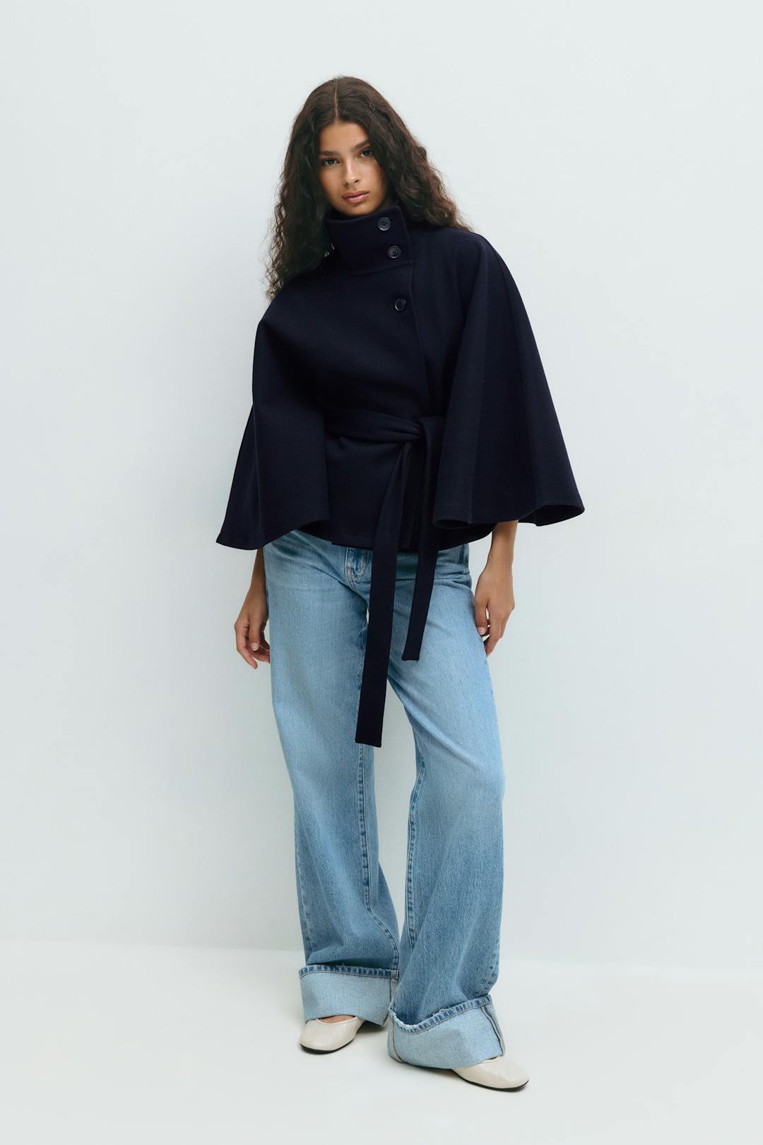 Clara | Cape jacket with sleeves, high collar, and belt