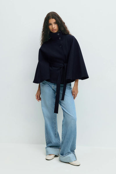 Clara | Cape jacket with sleeves, high collar, and belt