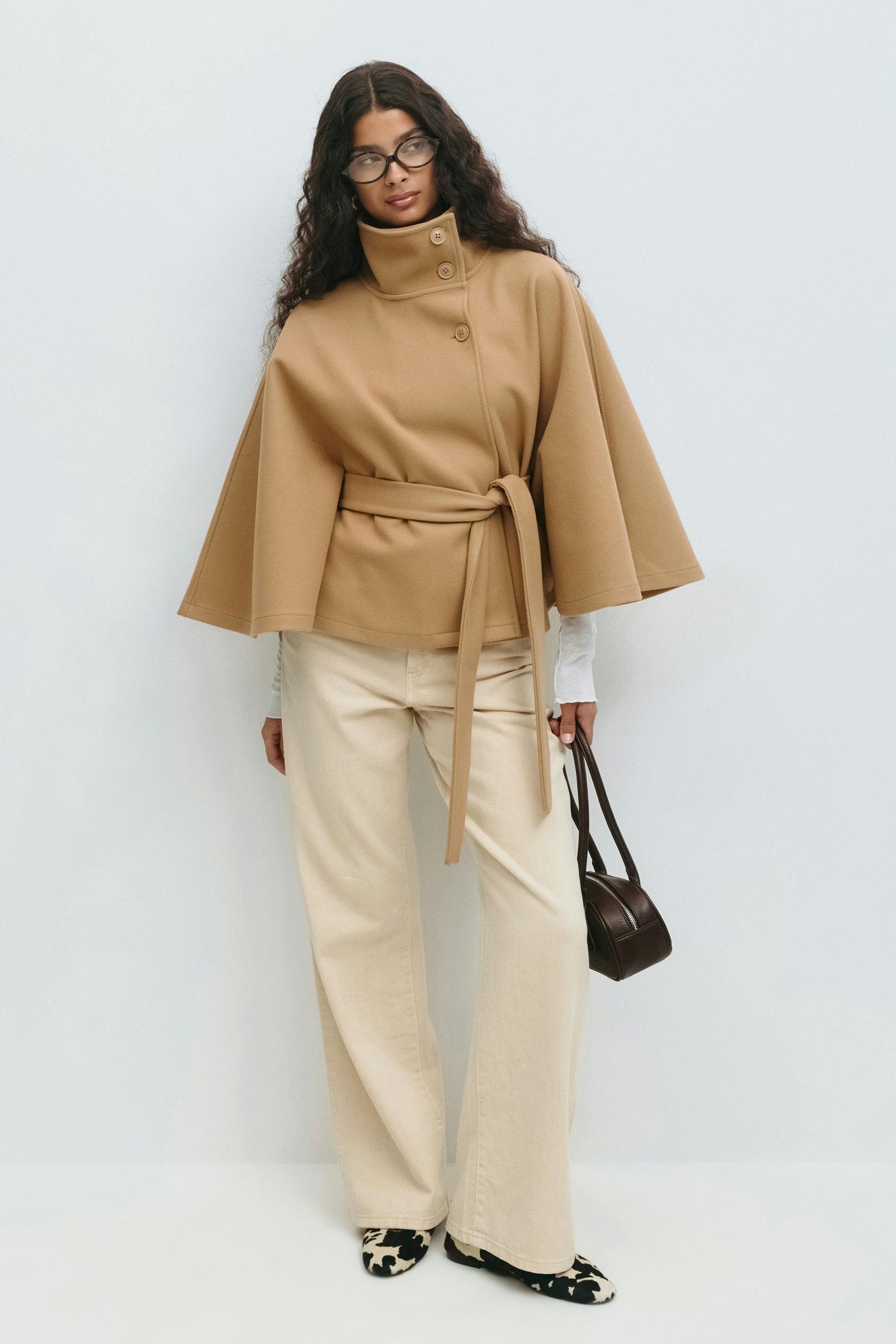 Clara | Cape jacket with sleeves, high collar, and belt