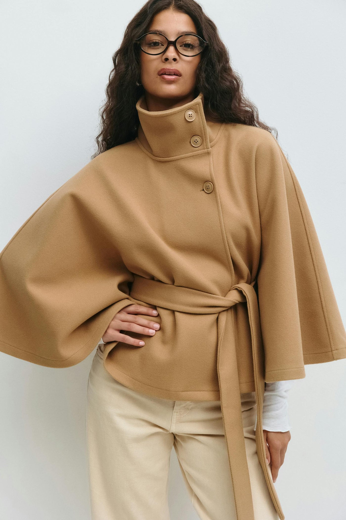 Clara | Cape jacket with sleeves, high collar, and belt