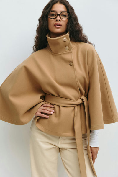 Clara | Cape jacket with sleeves, high collar, and belt