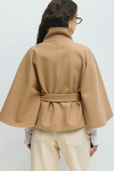 Clara | Cape jacket with sleeves, high collar, and belt