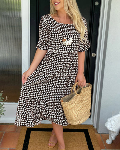Sandra | Round Neck Polka Dot Print Midi Dress