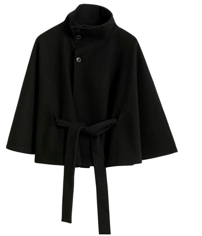 Clara | Cape jacket with sleeves, high collar, and belt
