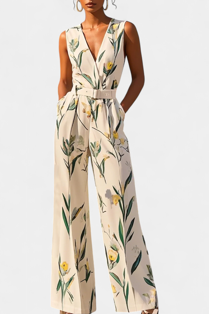 Slara Vacation Jumpsuit with Deep V-Neckline and Adjustable Belt
