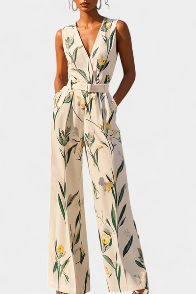 Slara Vacation Jumpsuit with Deep V-Neckline and Adjustable Belt